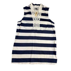 Womens Sleeveless Navy & White Striped Top W/ Crochet Neckline - Mudpie Size L